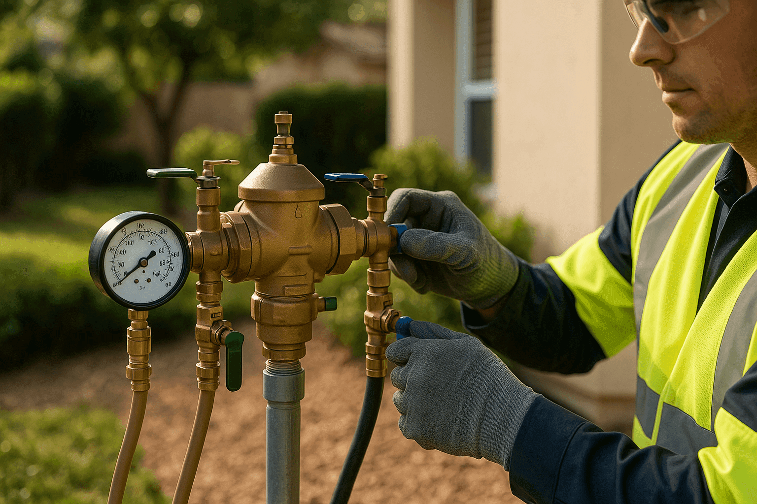 Backflow prevention device with test gauges connected during a certified inspection