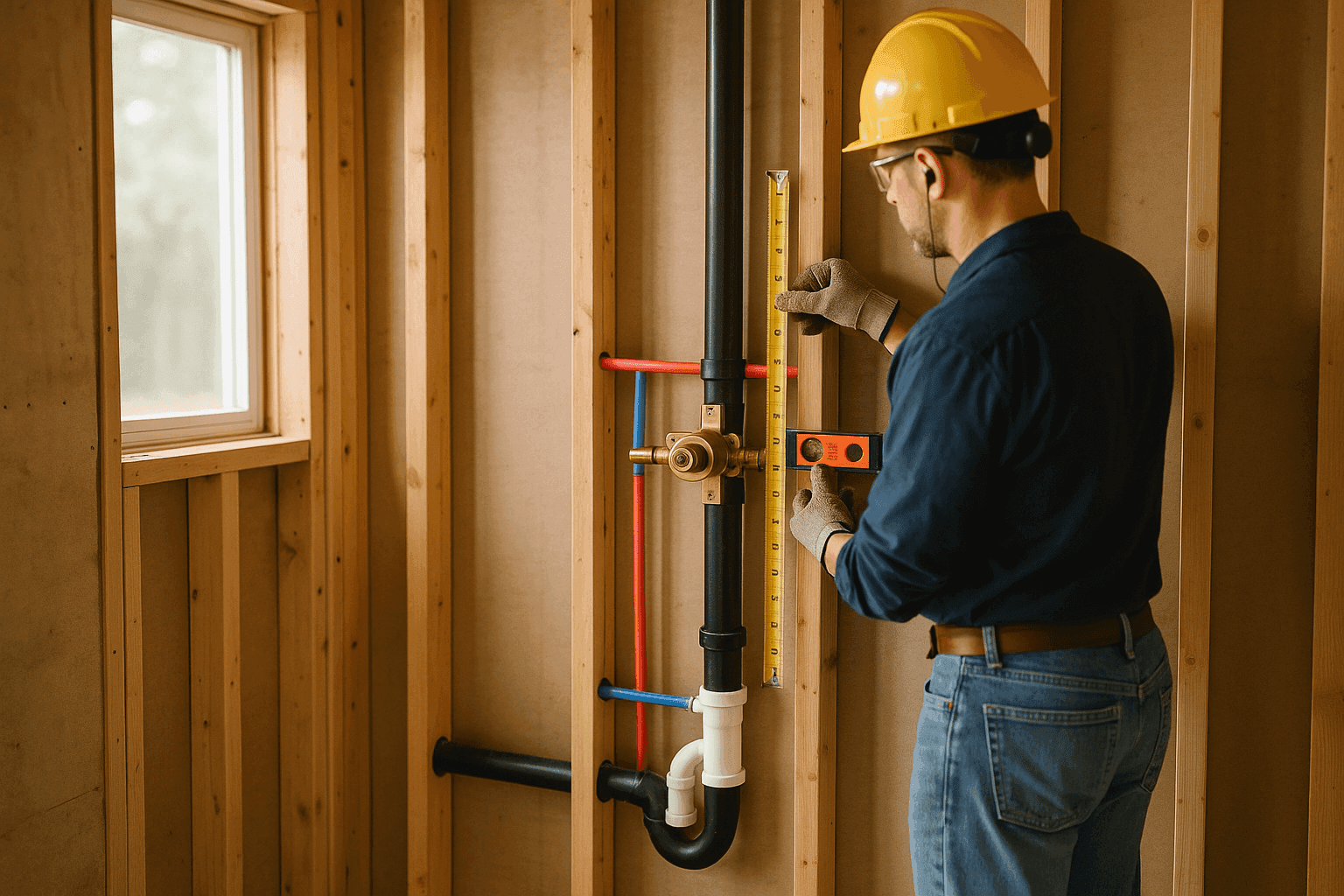 Plumber checking shower valve rough-in height and vent placement on open stud walls