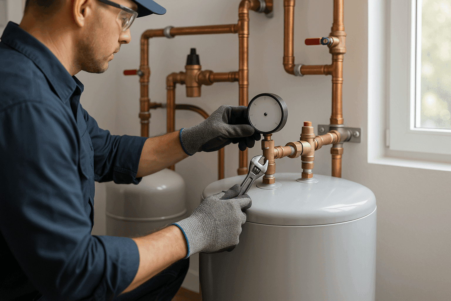 Technician checking a residential boiler’s pressure gauge and relief valve