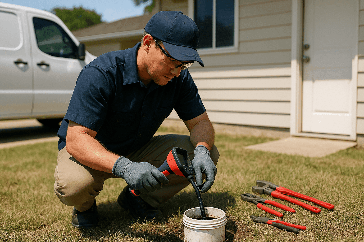 Plumber inspecting sewer cleanout to prevent plumbing backups