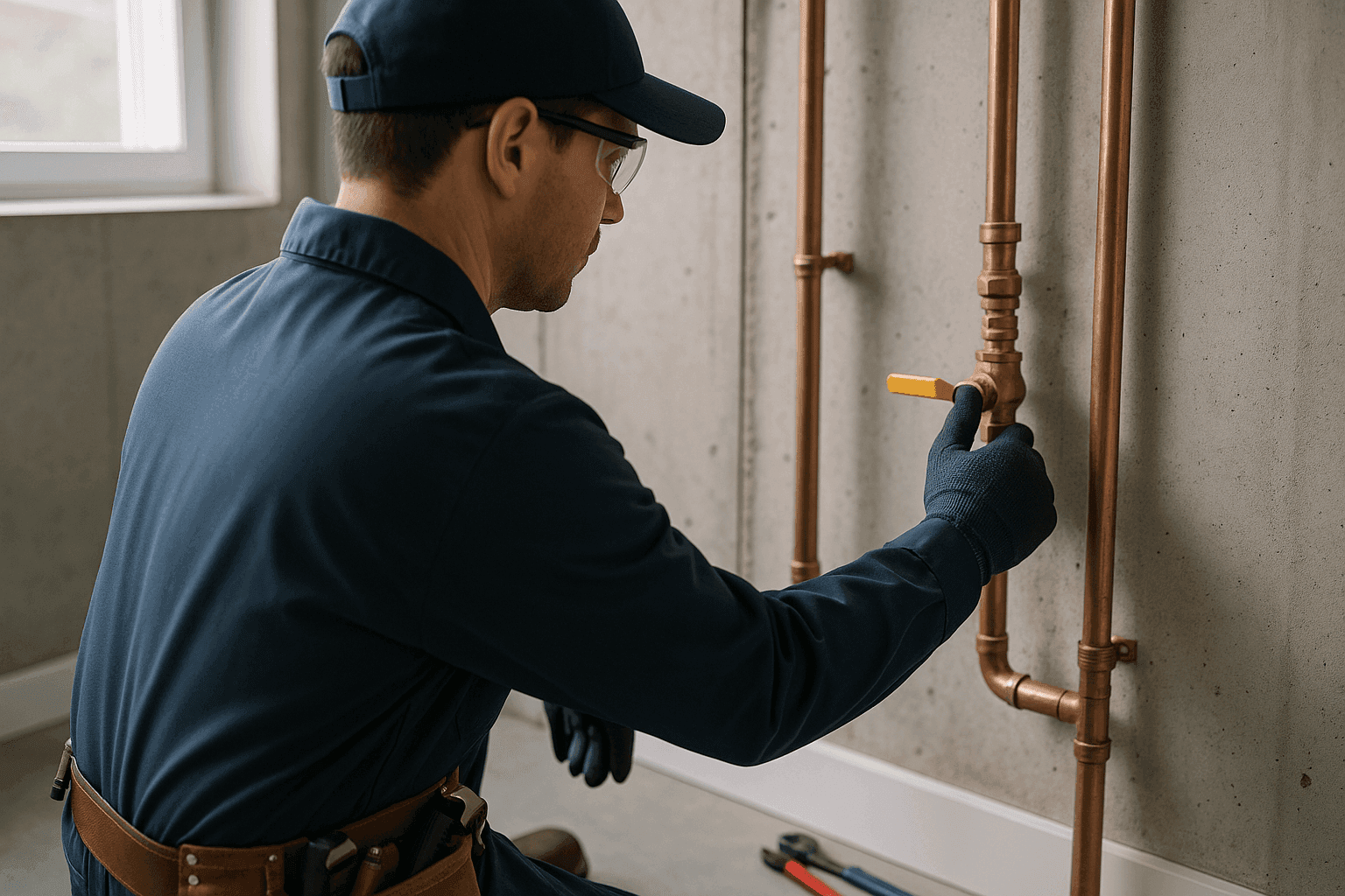 Technician closing a home’s main water valve during a plumbing emergency