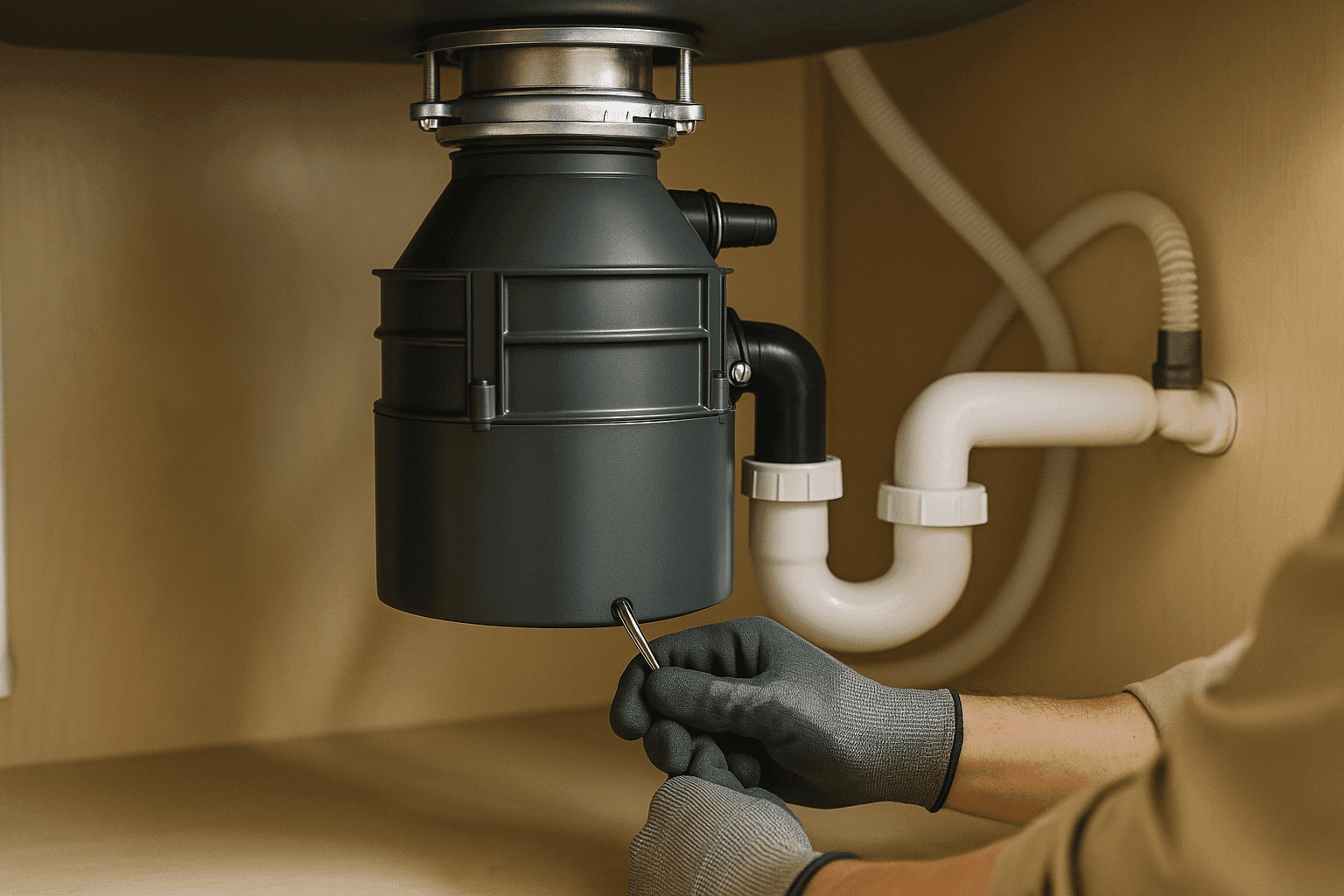 Plumber using an Allen wrench in the bottom of a kitchen garbage disposal to clear a jam