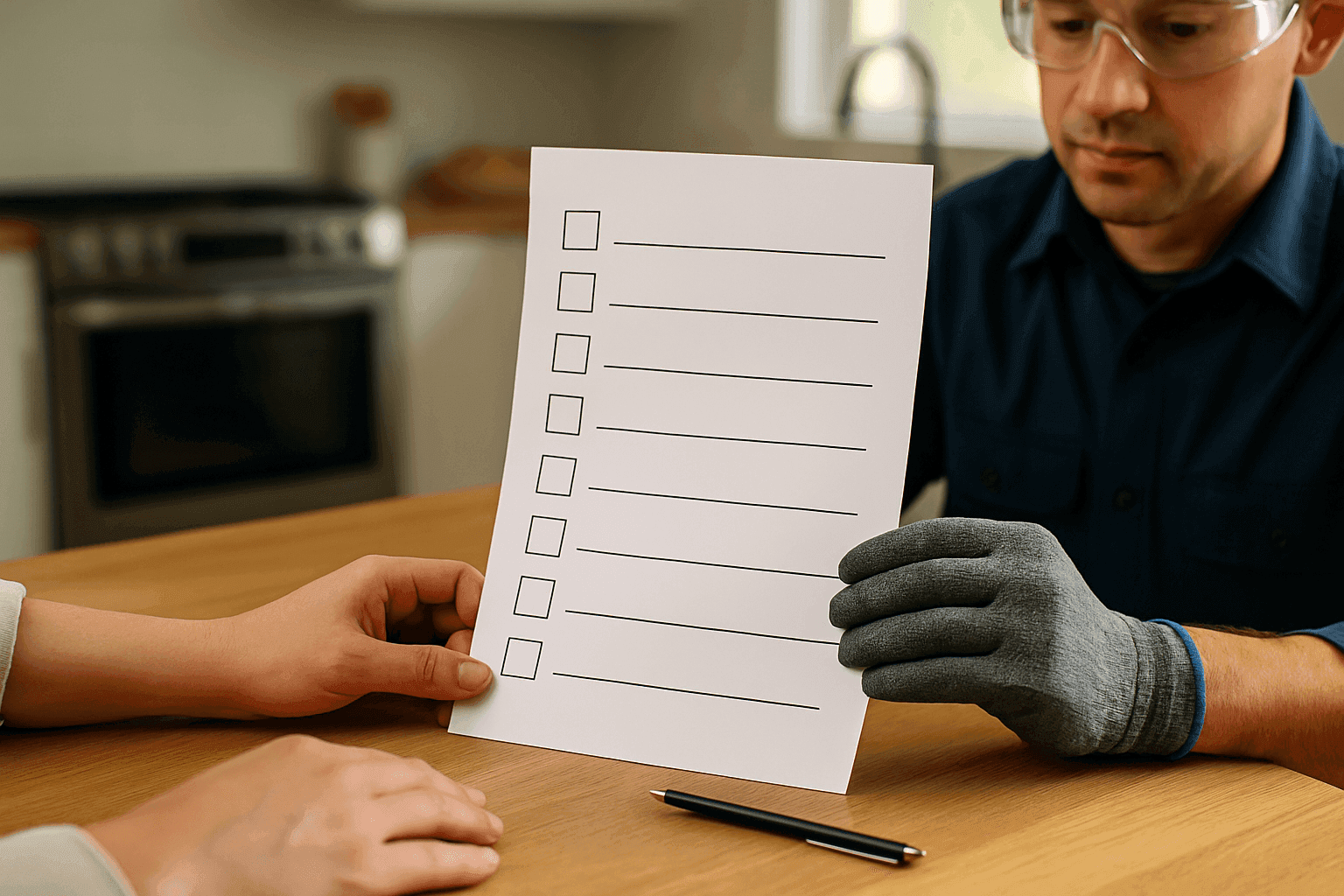 Homeowner reviewing a checklist with a licensed plumber at a kitchen table