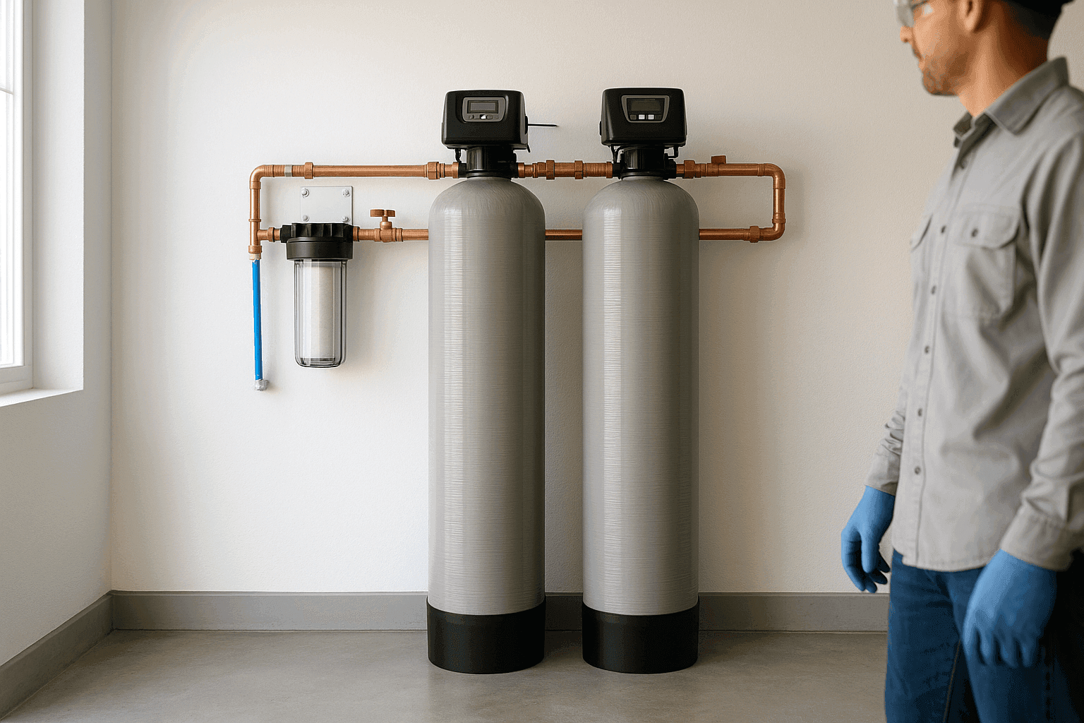 Whole-home water filtration system with labeled tanks and clean plumbing connections