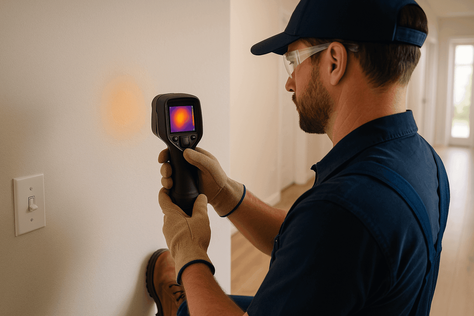 Technician using a thermal imaging camera to locate a hidden plumbing leak in a wall