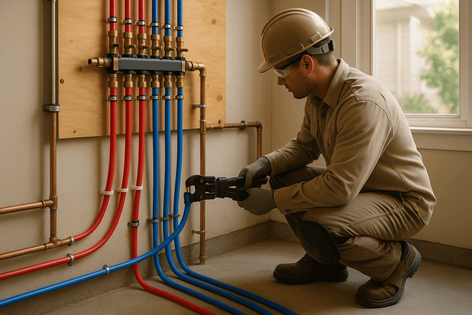 Plumber installing new PEX piping alongside old copper in a clean utility area