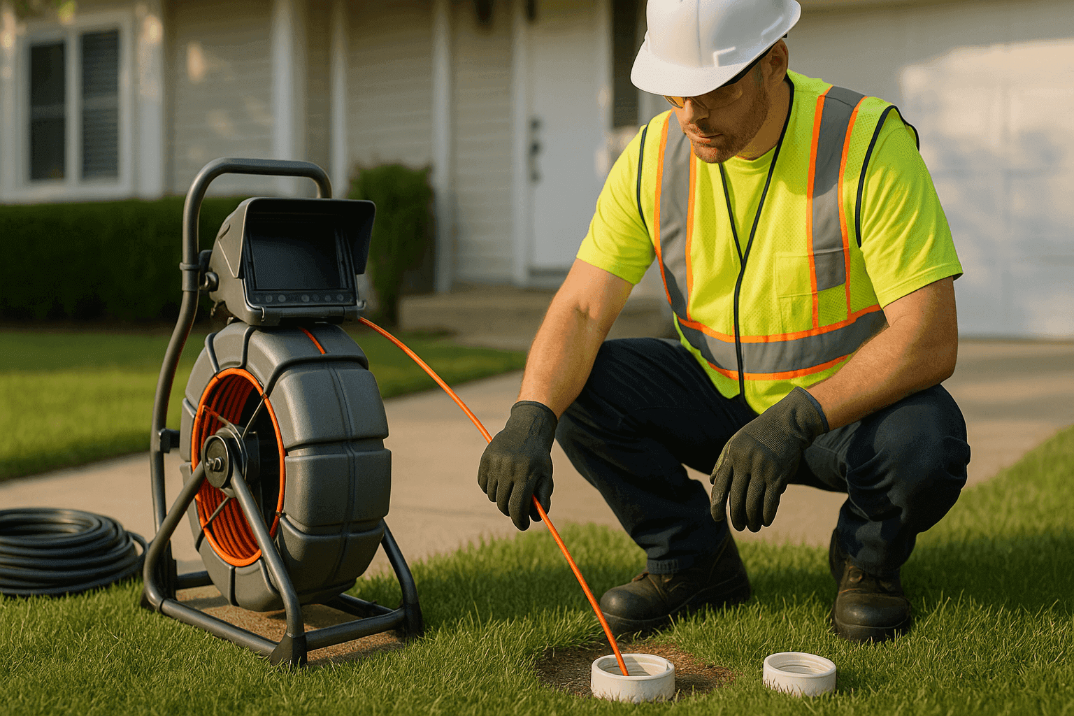 Plumber feeding a camera into a residential sewer cleanout to inspect the line
