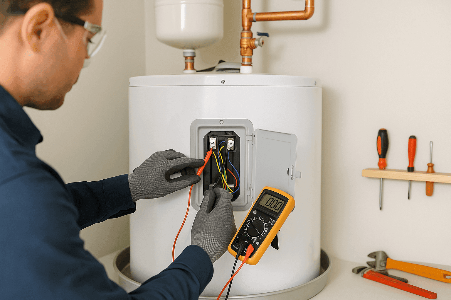 Technician testing a residential water heater with a multimeter and inspection tools