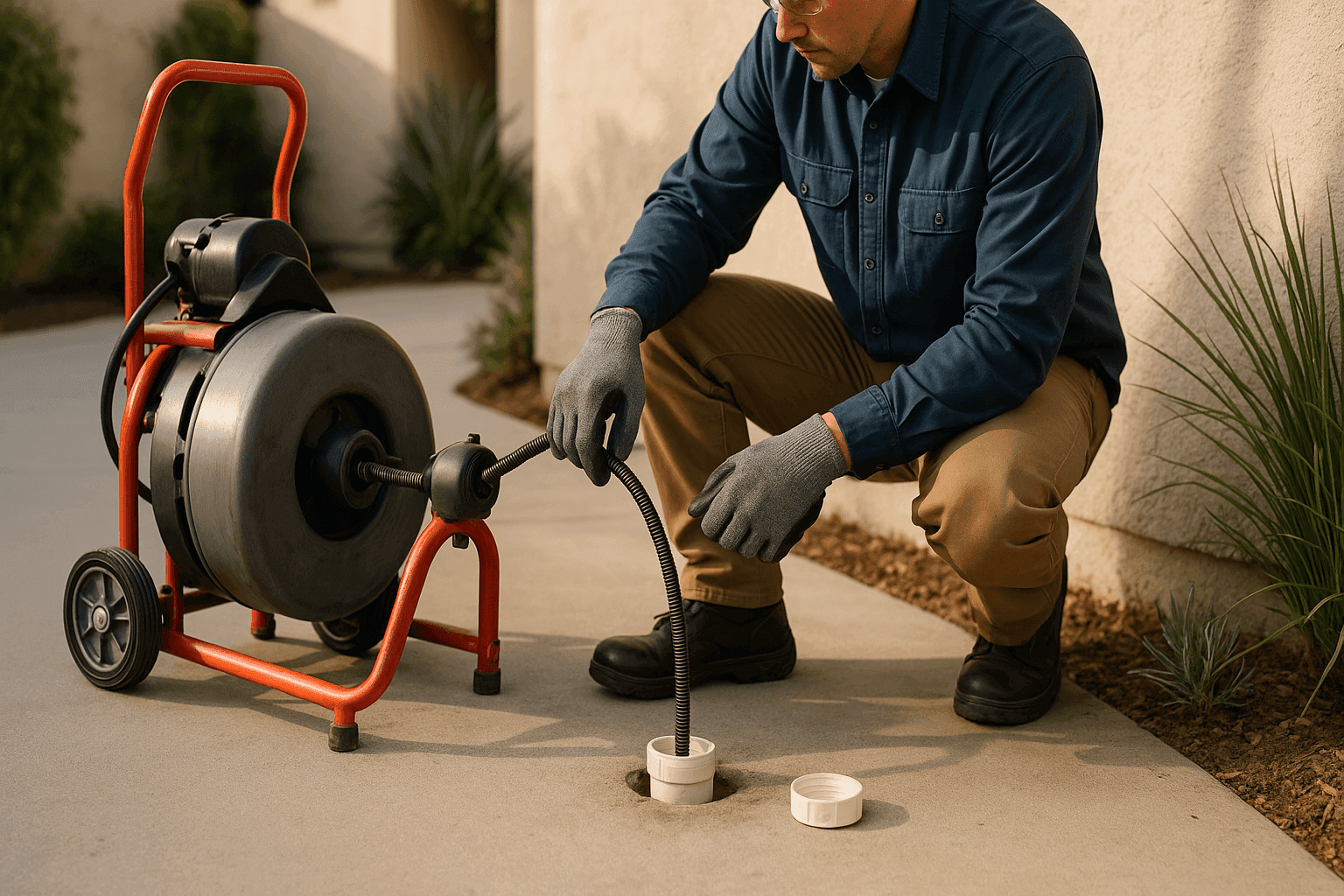 Plumber using a drain snake at a clean residential cleanout access point